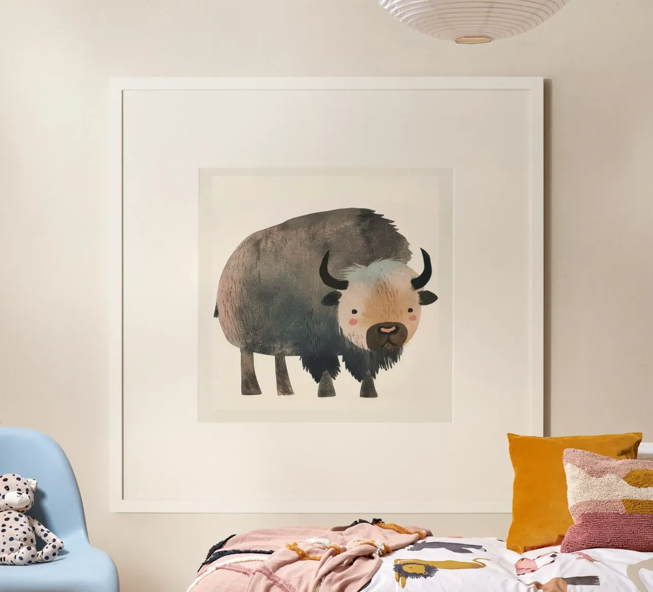 Représentation fantaisiste et douce d'un bison dans des tons chauds. hahnemühle de DesignDoodle