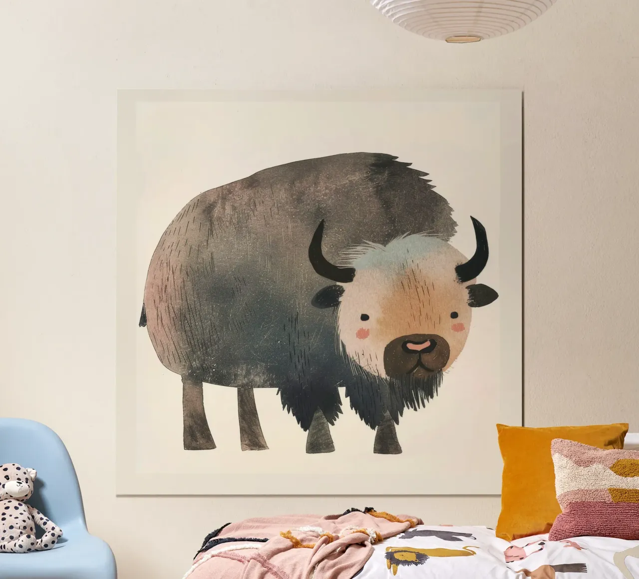 Représentation fantaisiste et douce d'un bison dans des tons chauds. hahnemühle de DesignDoodle