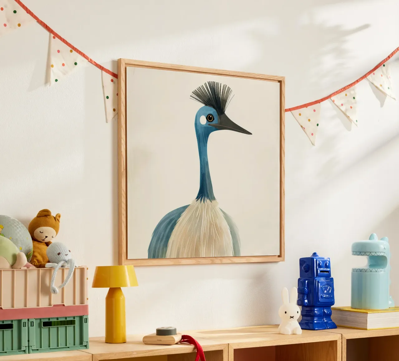 Een prachtige en elegante vogel met blauwe nek, getekend met delicate acryl van DesignDoodle