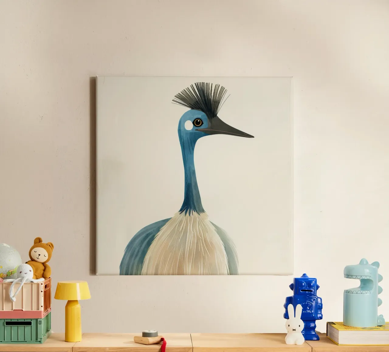 Uno splendido ed elegante uccello dal collo blu, disegnato con delicatezza. tela con Cornice a cassetta da DesignDoodle