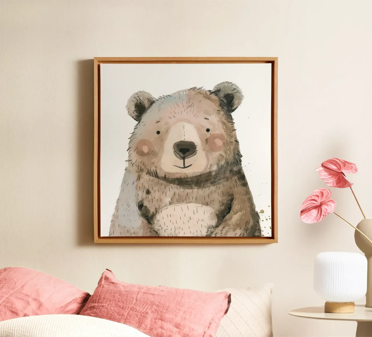 A playful and lovable brown bear illustration with soft hues canvas with Floater frame by DesignDoodle