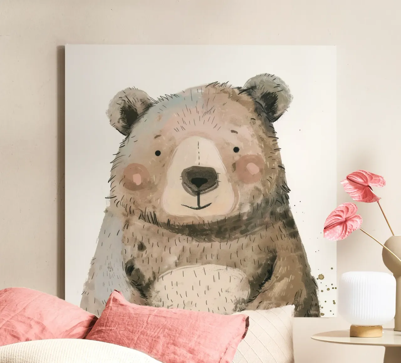 A playful and lovable brown bear illustration with soft hues canvas with Floater frame by DesignDoodle