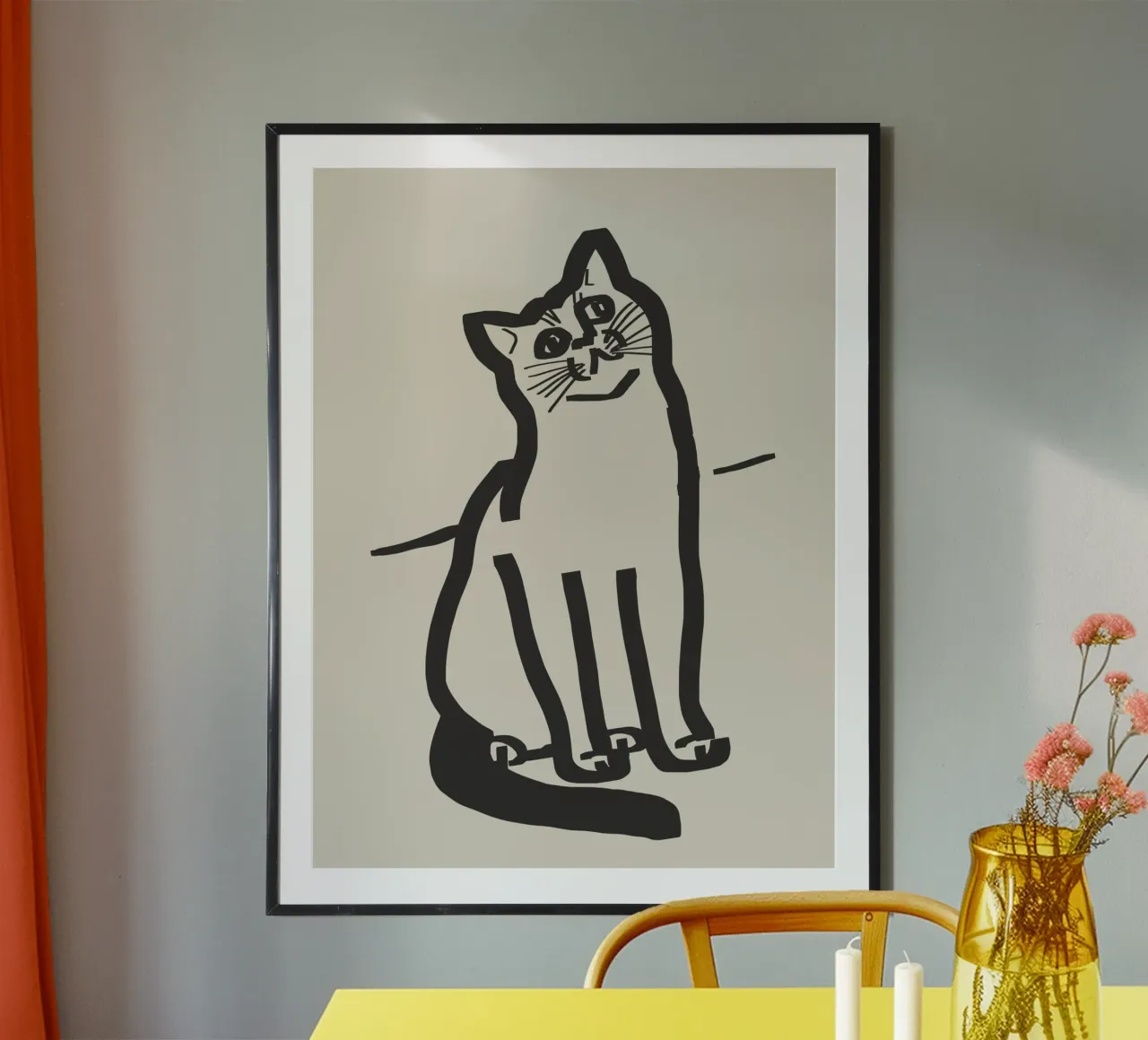 Disegno lineare di gatto 6 poster con telaio in legno da Little Dean