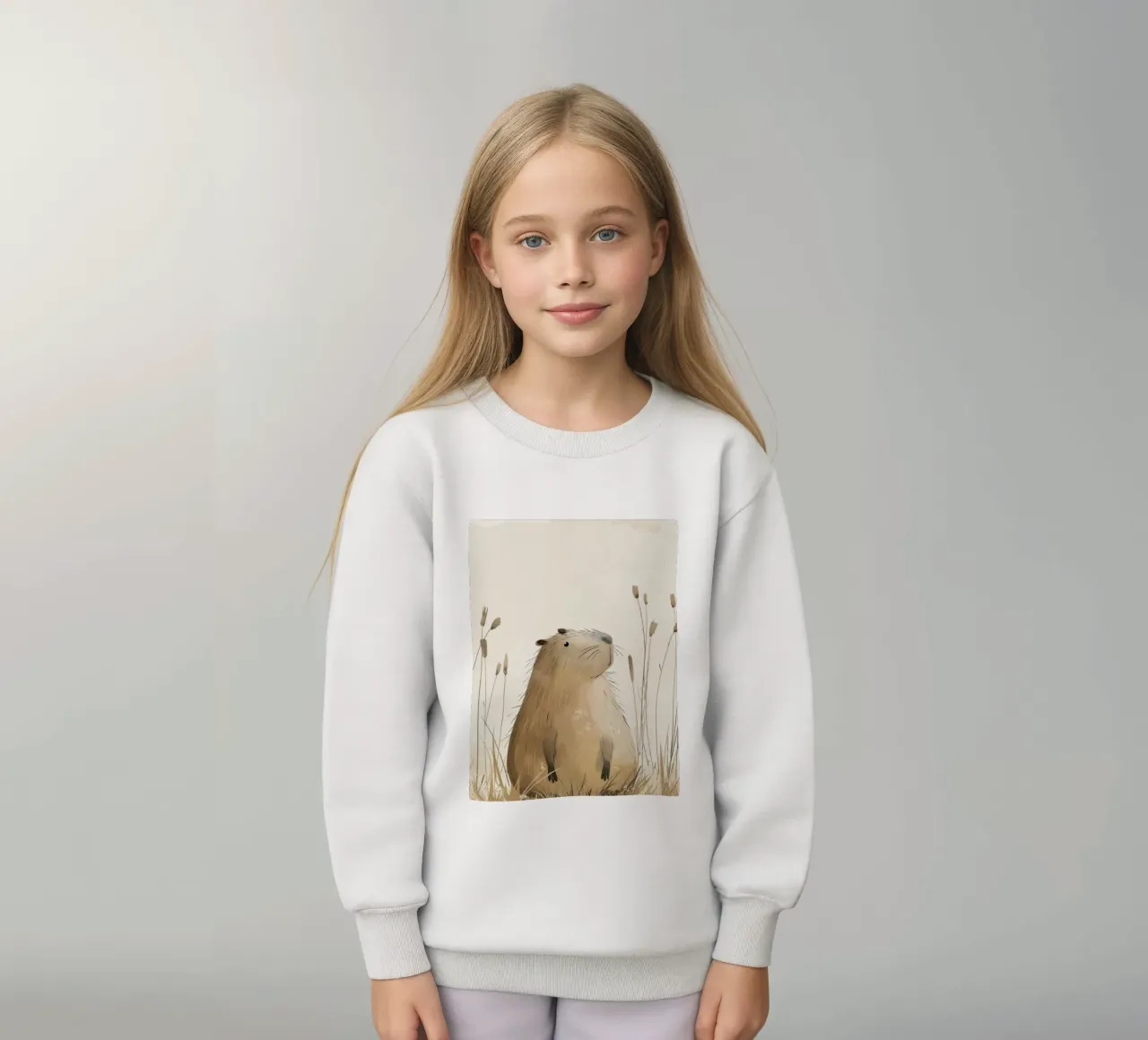 a capybara, set against a peaceful grassland background kids sweatshirt by DesignDoodle