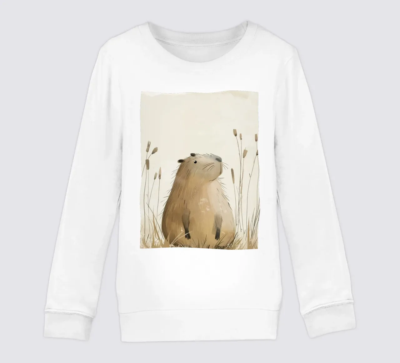a capybara, set against a peaceful grassland background kids sweatshirt by DesignDoodle