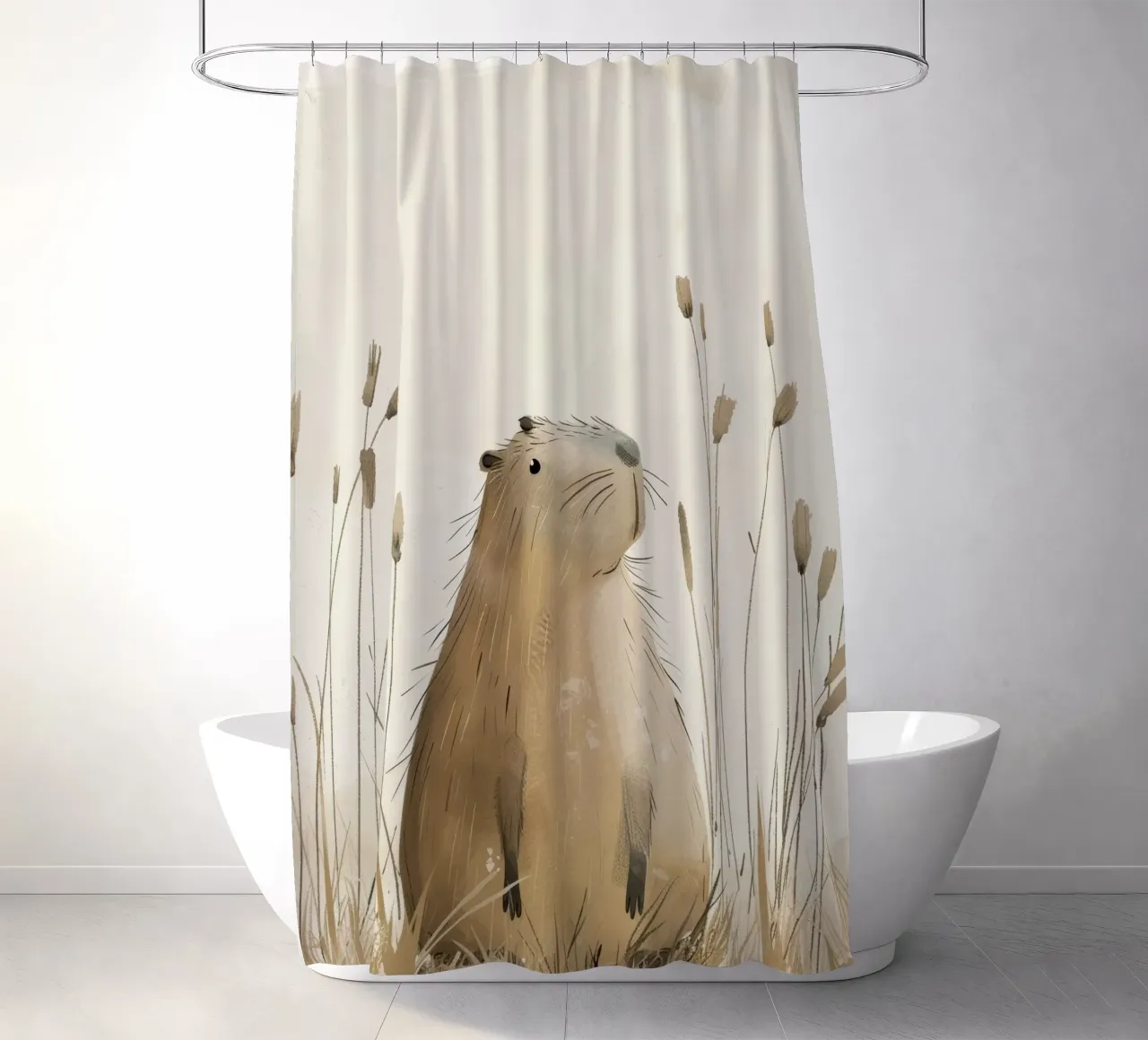 a capybara, set against a peaceful grassland background shower curtain by DesignDoodle