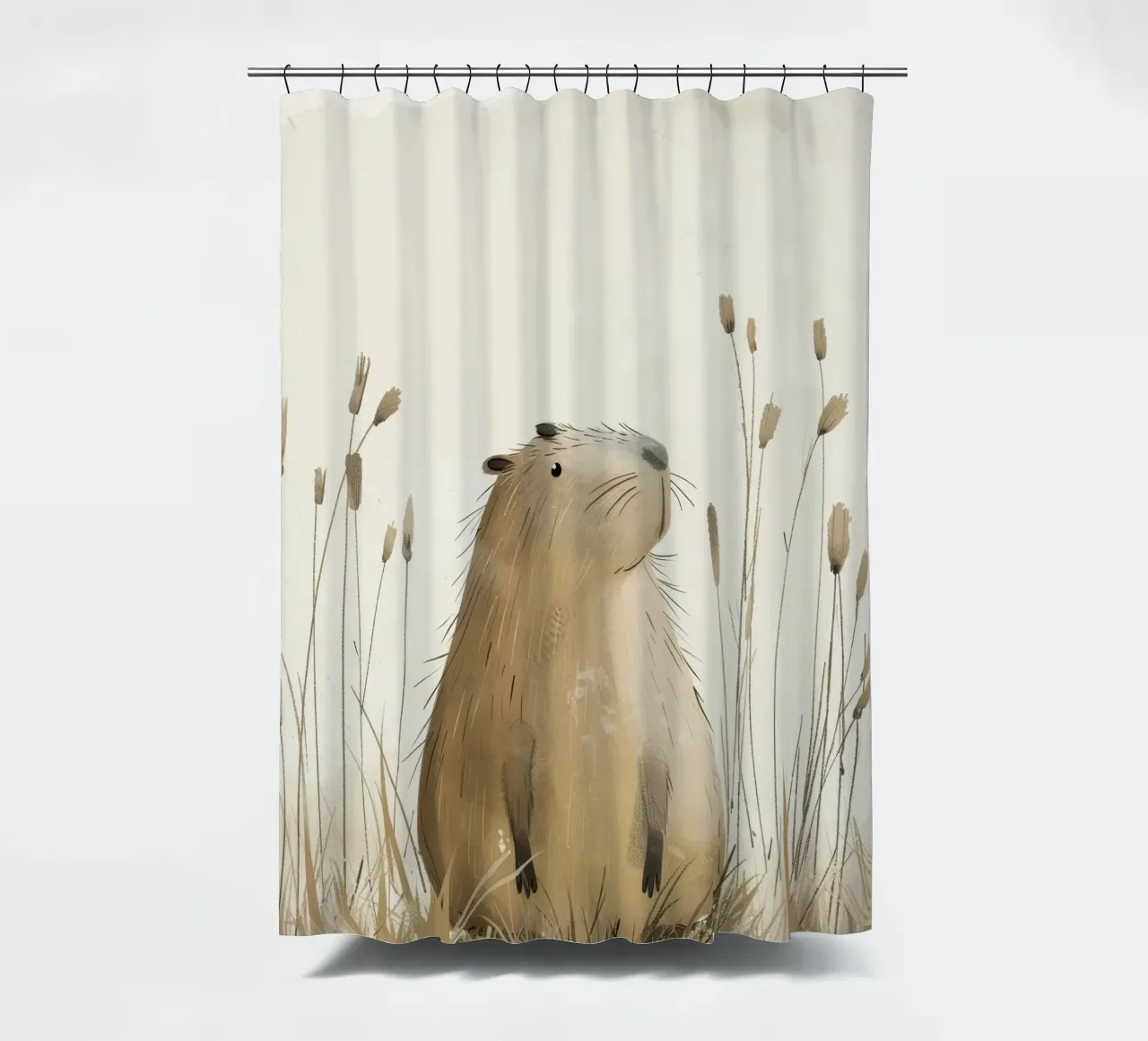 a capybara, set against a peaceful grassland background shower curtain by DesignDoodle