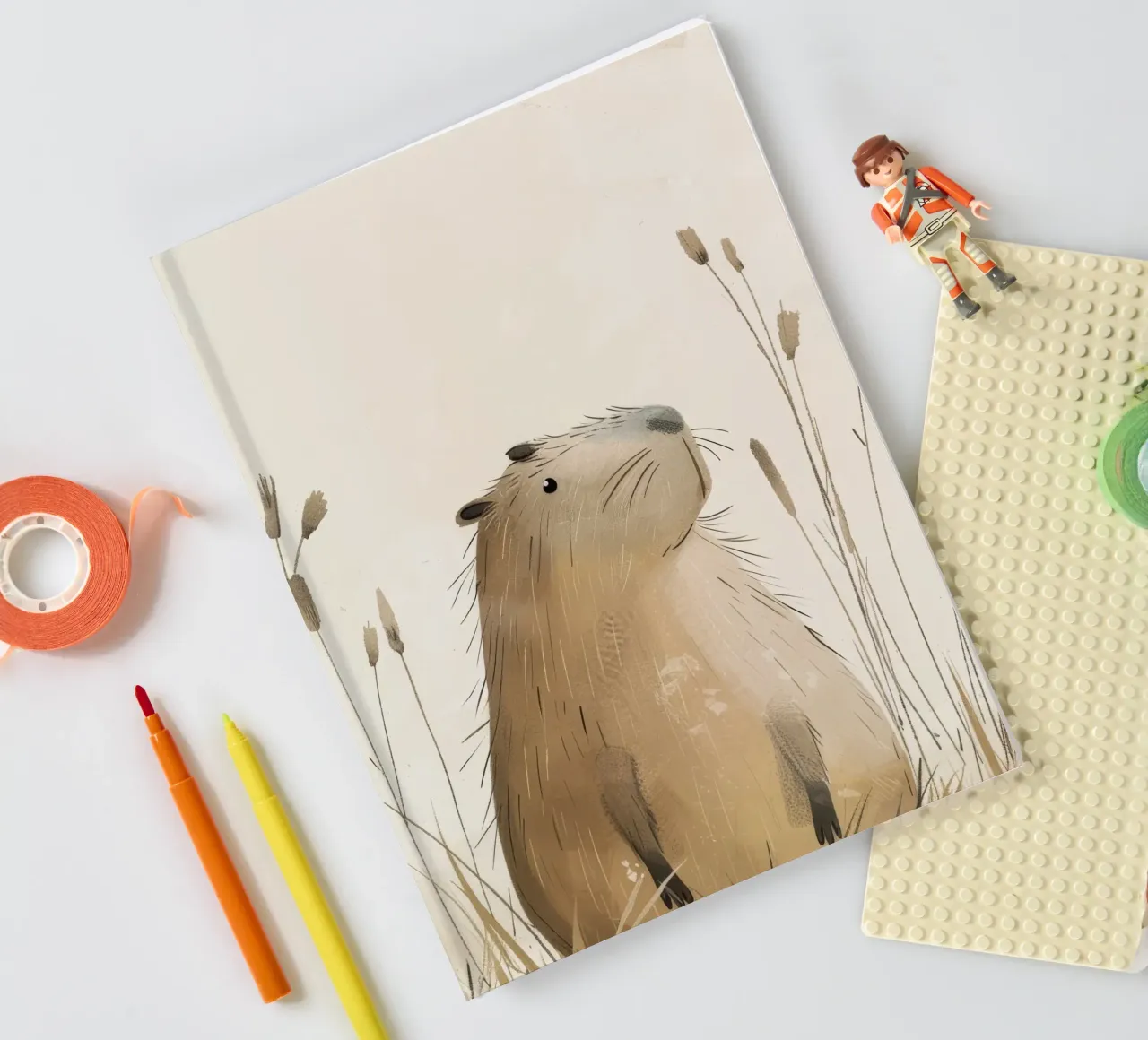 a capybara, set against a peaceful grassland background notebook by DesignDoodle