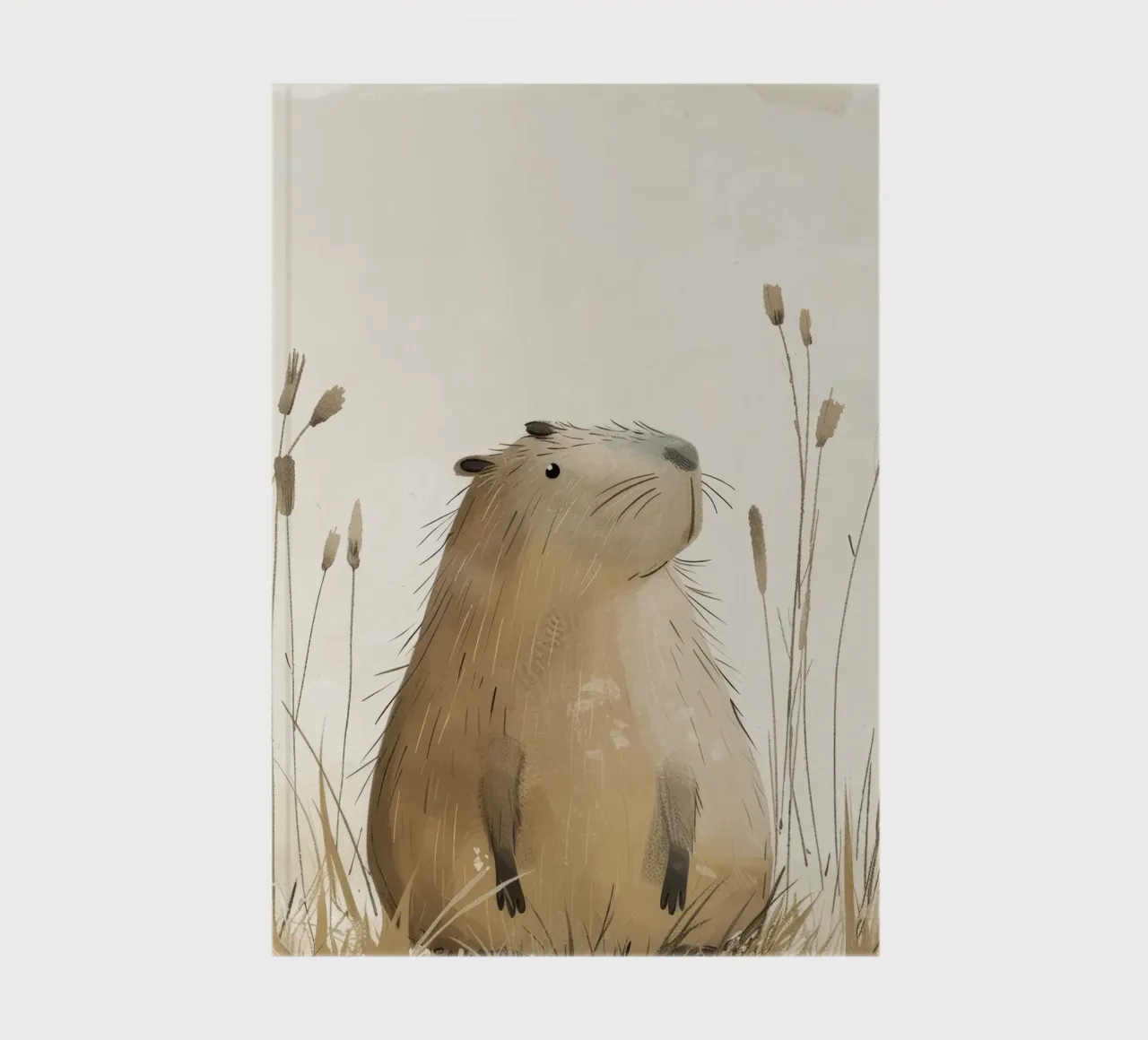 a capybara, set against a peaceful grassland background notebook by DesignDoodle