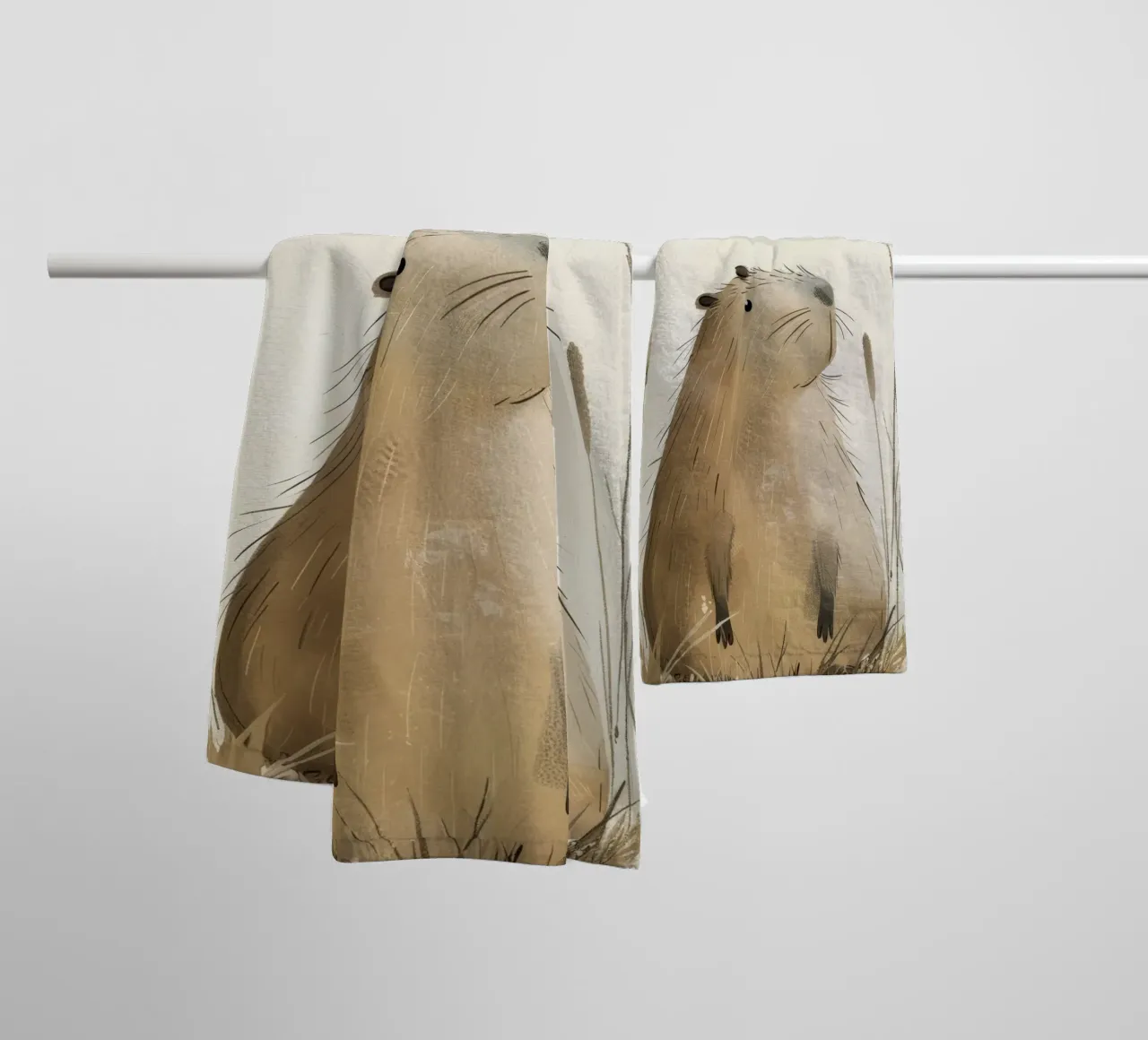 a capybara, set against a peaceful grassland background towel by DesignDoodle