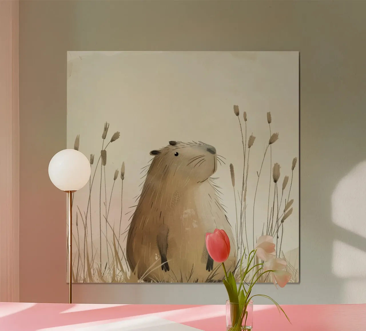 a capybara, set against a peaceful grassland background hahnemühle by DesignDoodle