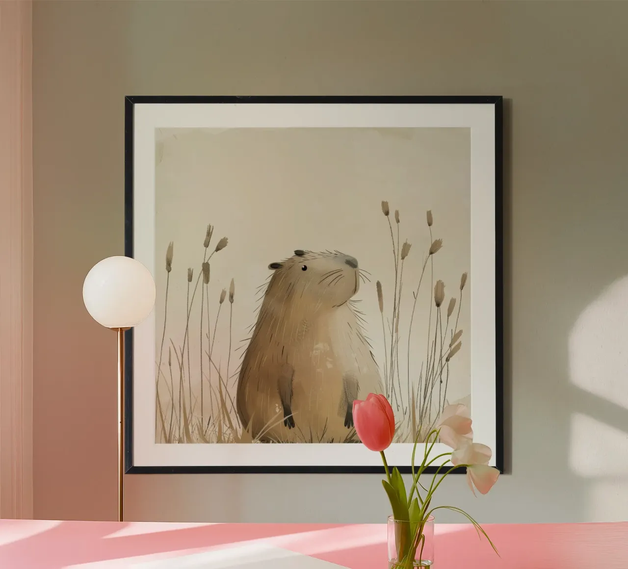 a capybara, set against a peaceful grassland background hahnemühle by DesignDoodle