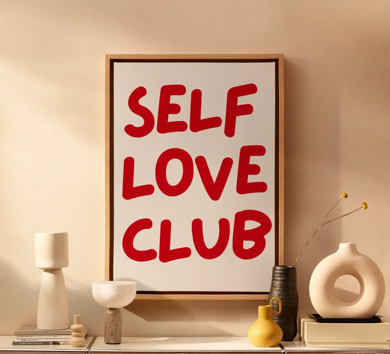 Bold Red “Self Love Club” Typography on Black Background canvas with Floater frame by pdigitalprints