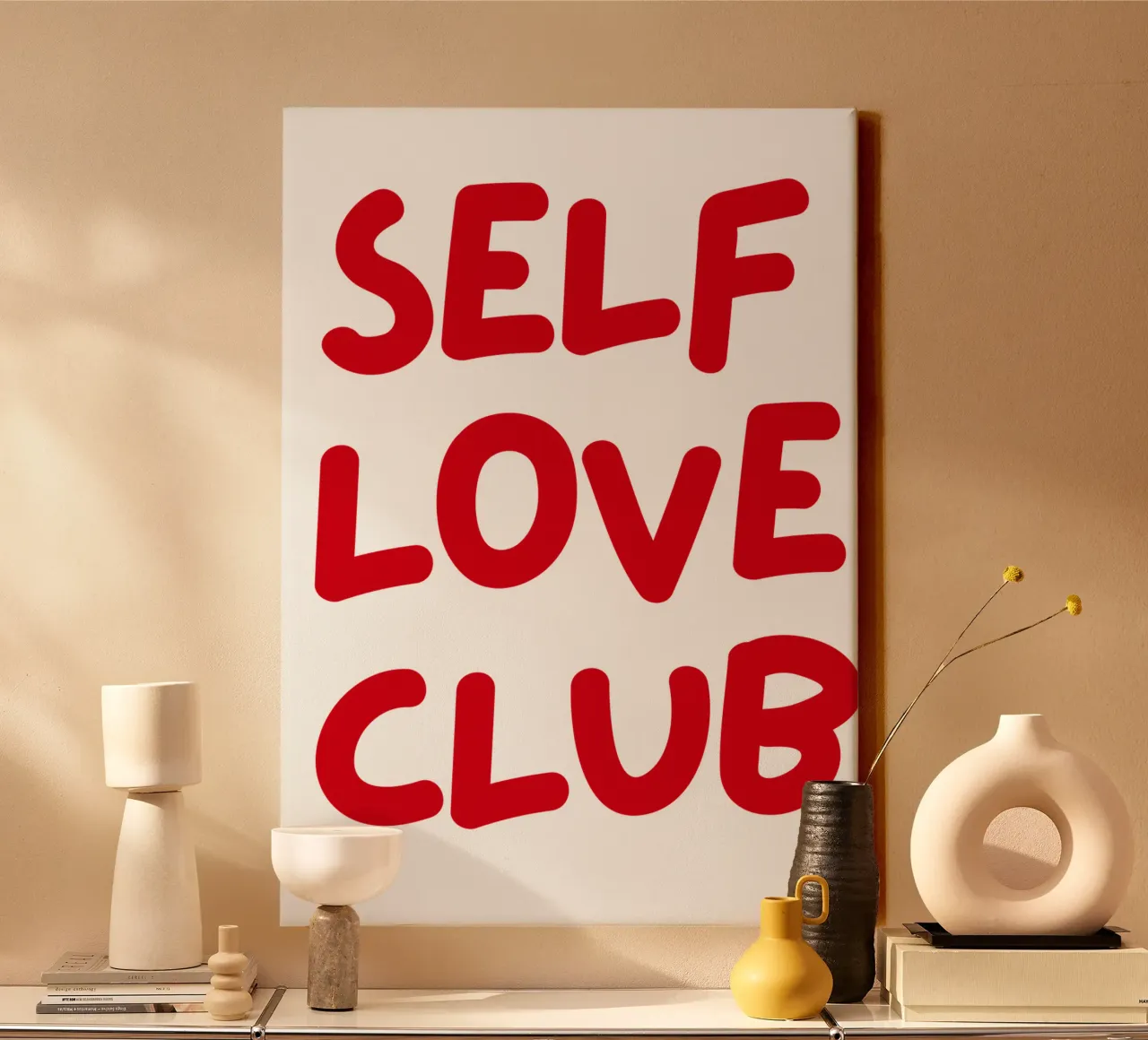 Bold Red “Self Love Club” Typography on Black Background canvas with Floater frame by pdigitalprints