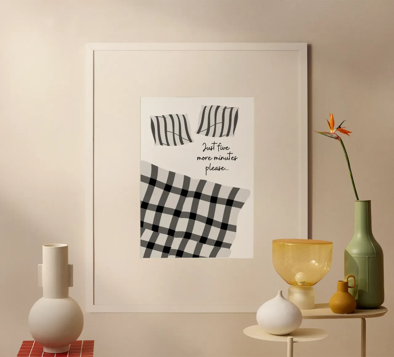 Illustrazione minimalista di biancheria da letto in bianco e nero poster con telaio in alluminio da pdigitalprints