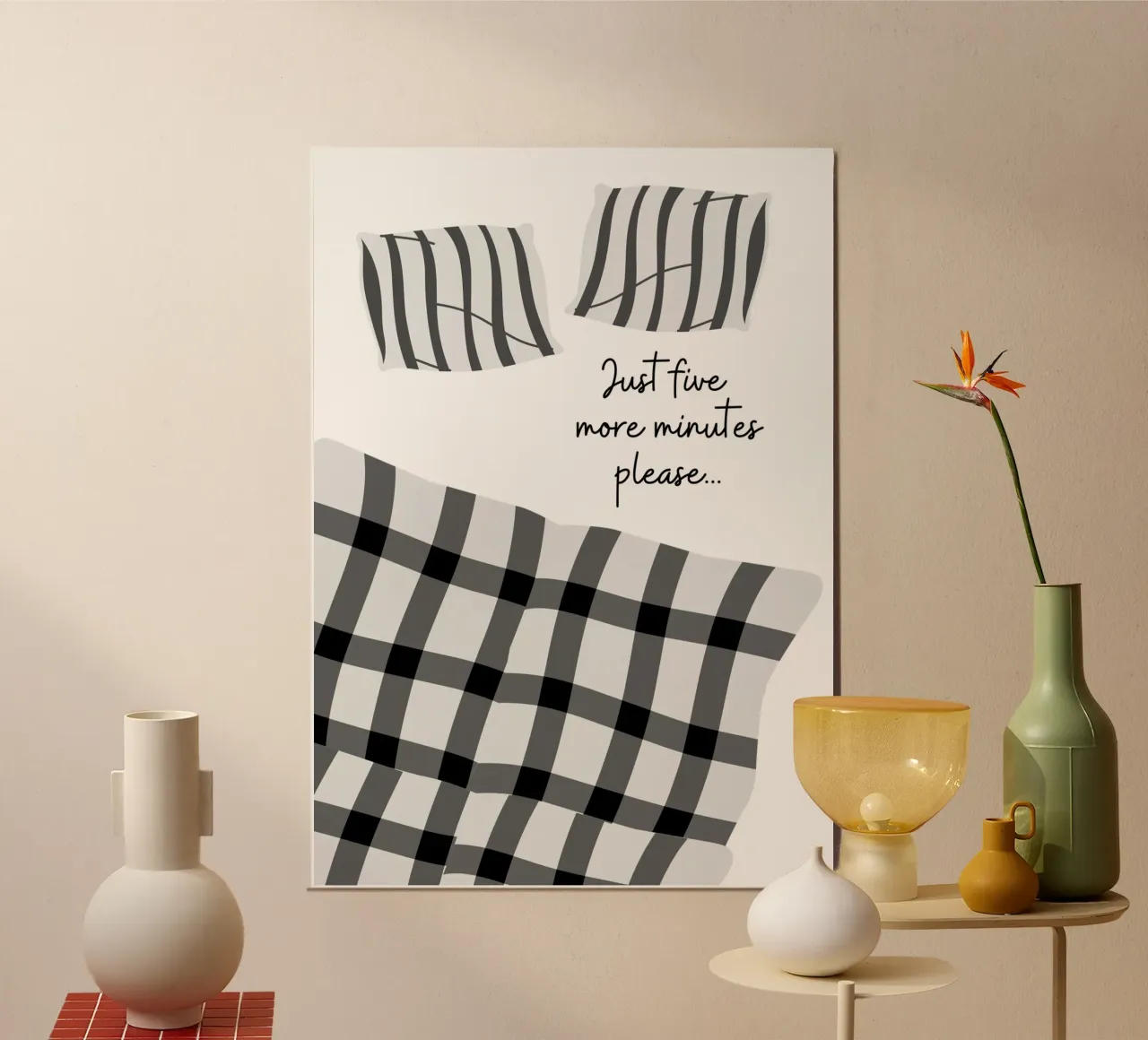 Illustrazione minimalista di biancheria da letto in bianco e nero poster con telaio in alluminio da pdigitalprints