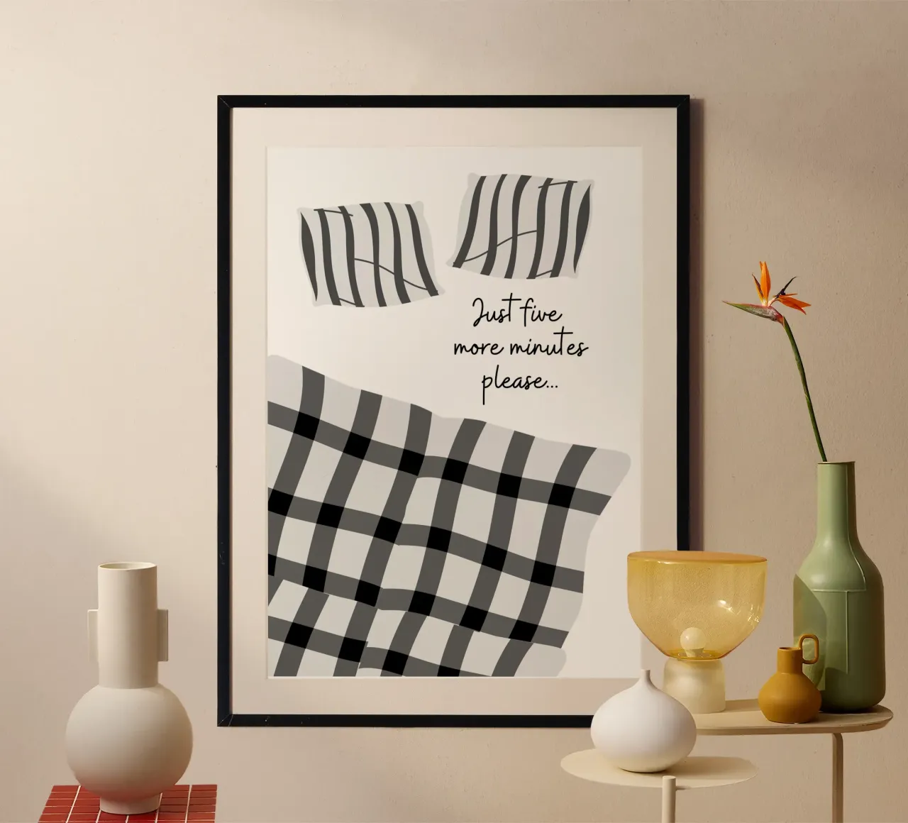 Illustrazione minimalista di biancheria da letto in bianco e nero poster con telaio in alluminio da pdigitalprints