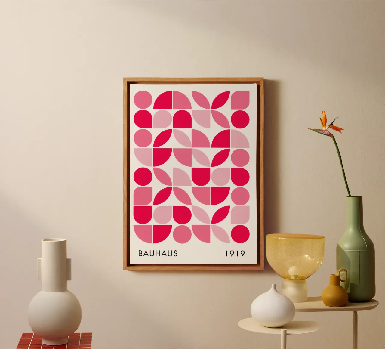 Modern geometrisch abstract ontwerp in roze en rode tinten canvas met Baklijst van pdigitalprints