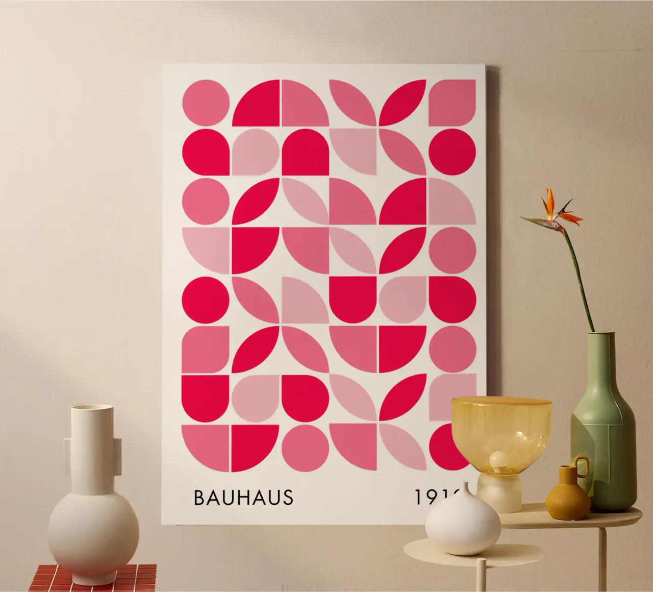 Modern geometrisch abstract ontwerp in roze en rode tinten canvas met Baklijst van pdigitalprints