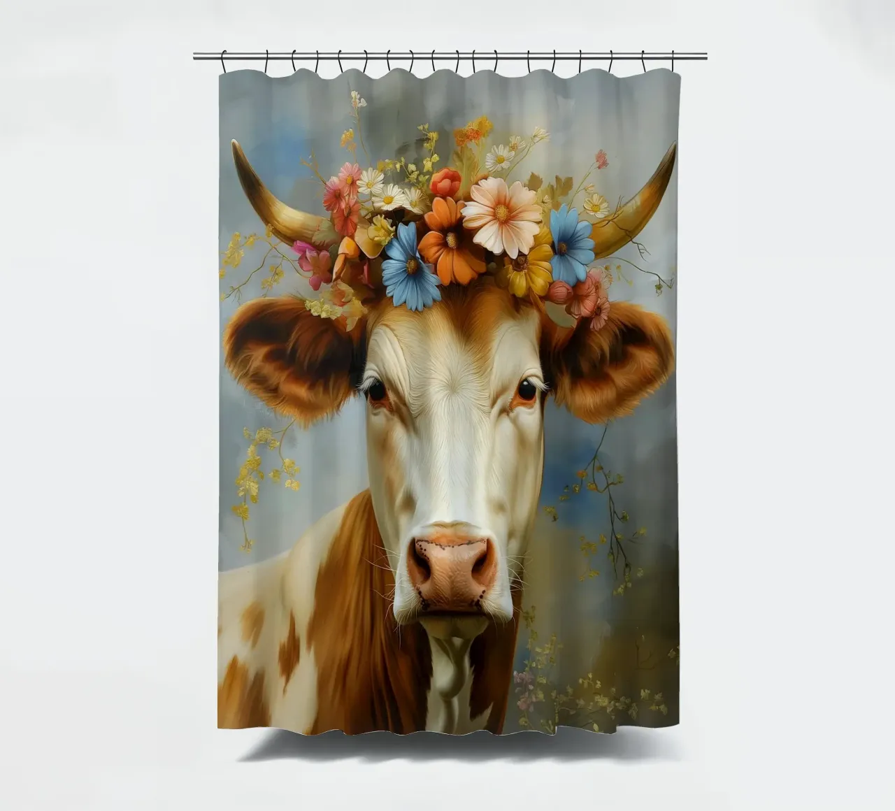 Kuh mit Blumen Duschvorhang von Imagine