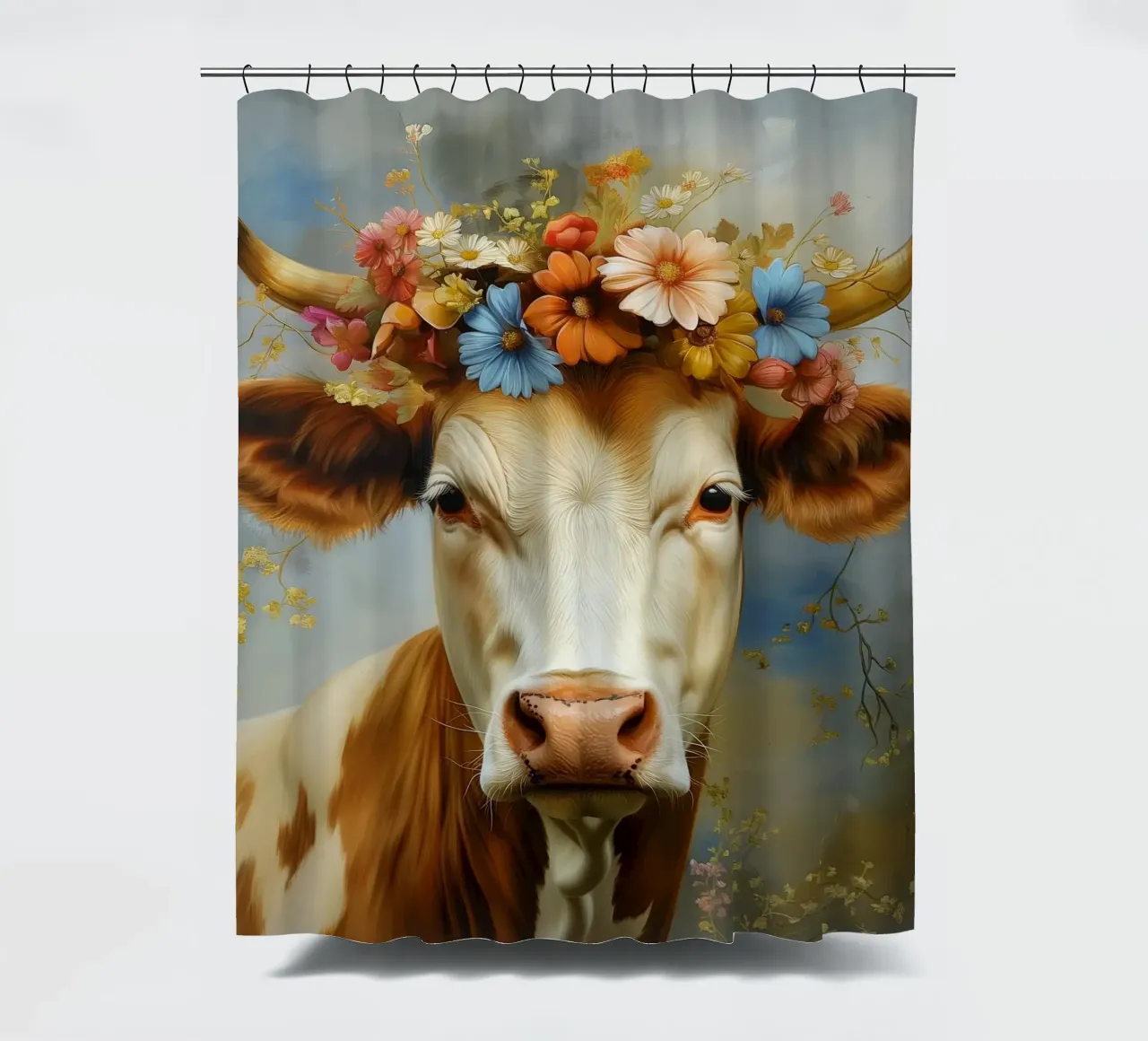 Kuh mit Blumen Duschvorhang von Imagine