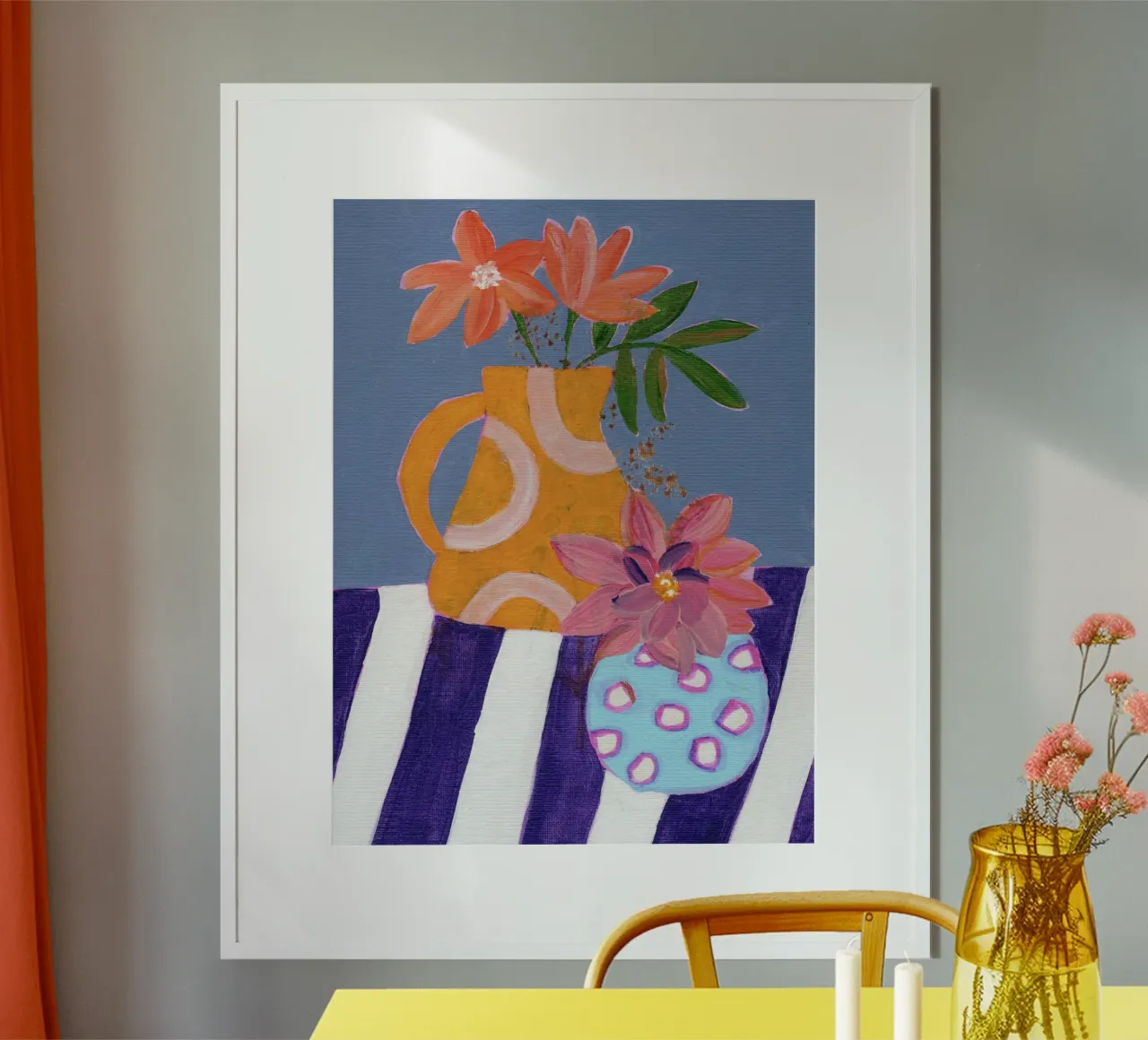 Bright floral still life poster with wooden frame by Nikitajariwala