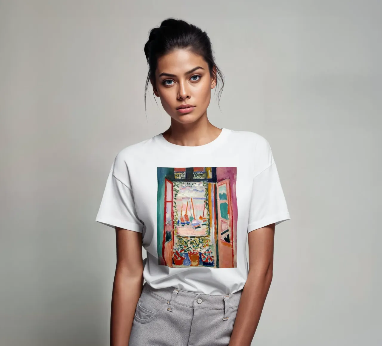 depicting the view from an open window t-shirt by sazkia art