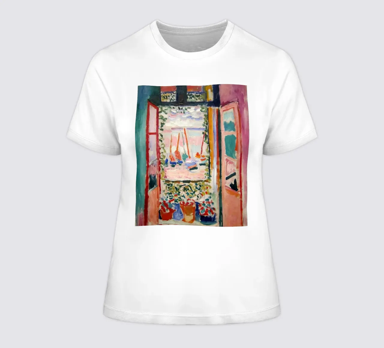 depicting the view from an open window women's fitted t-shirt by sazkia art