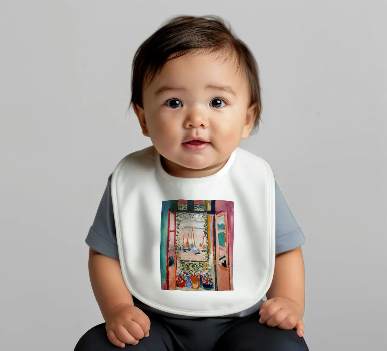 depicting the view from an open window baby bib by sazkia art