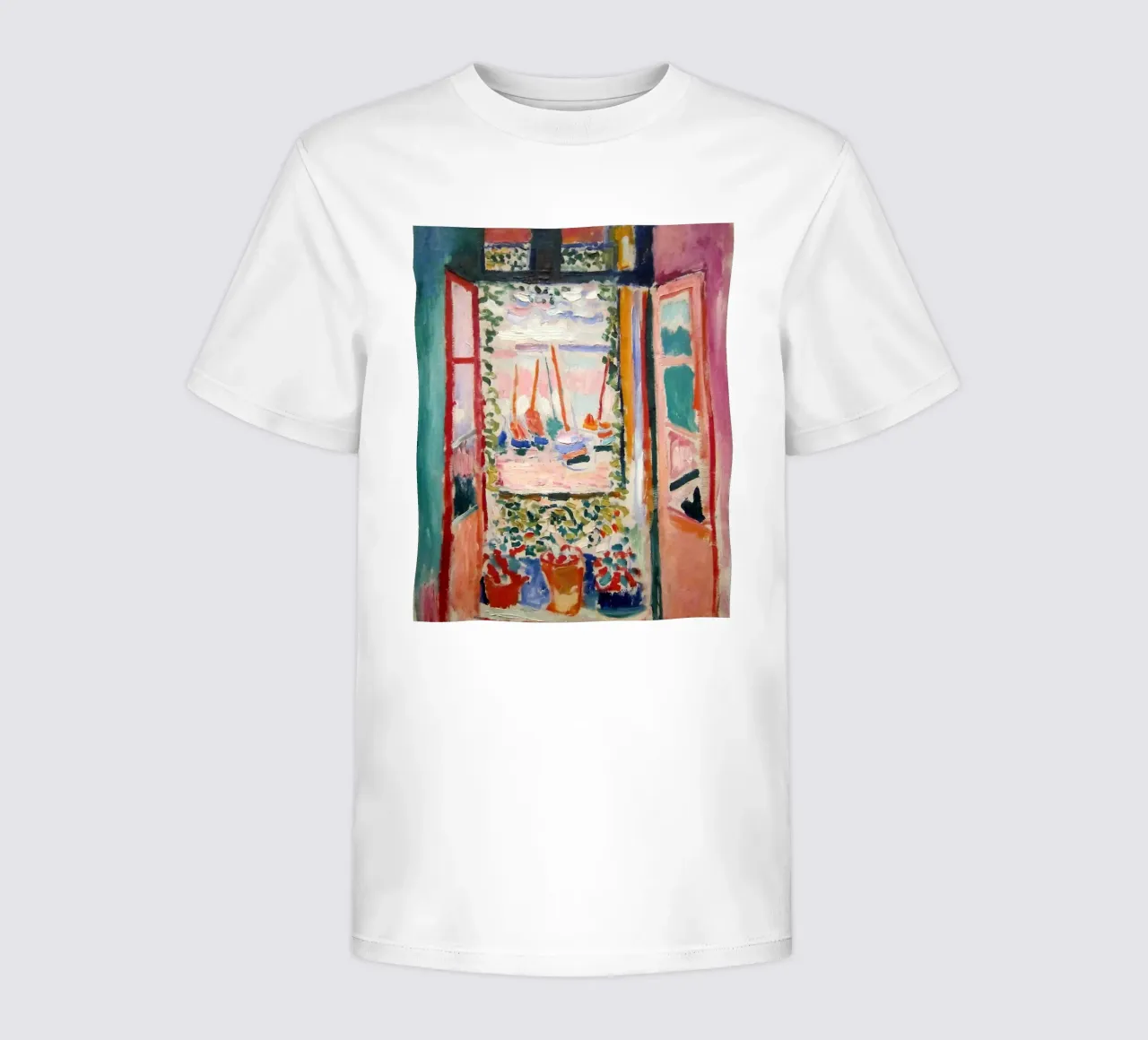 depicting the view from an open window kids t-shirt by sazkia art