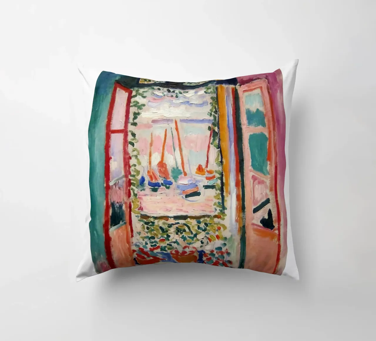 depicting the view from an open window decorative cushion by sazkia art