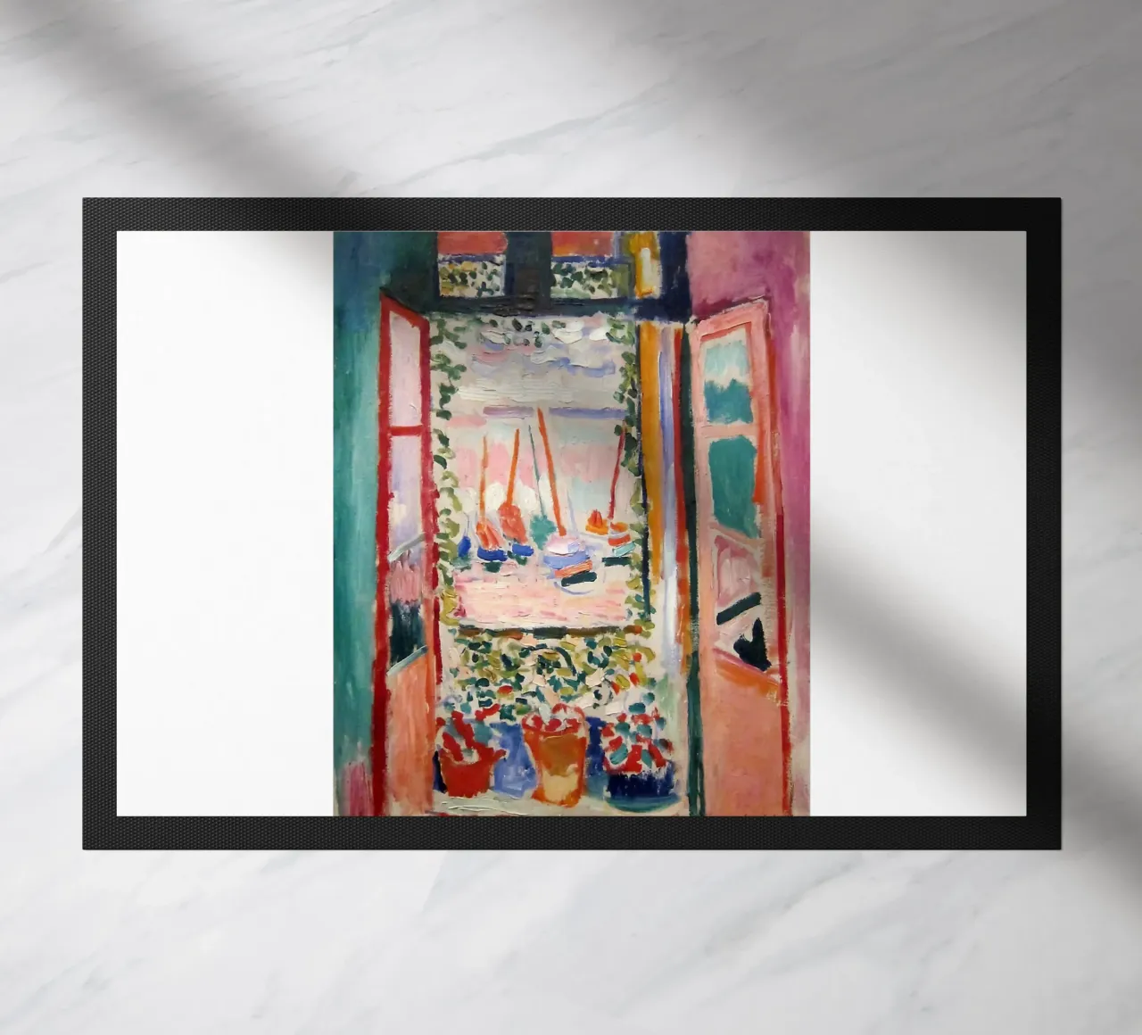 depicting the view from an open window doormat by sazkia art