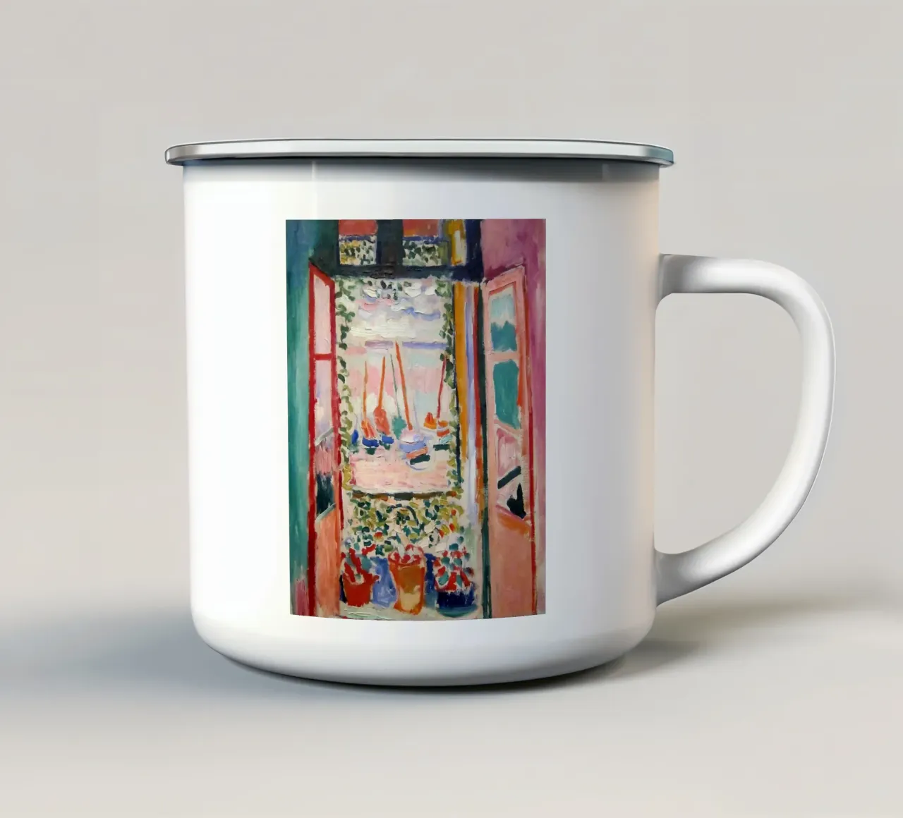 représentant la vue d'une fenêtre ouverte mug en émail de sazkia art