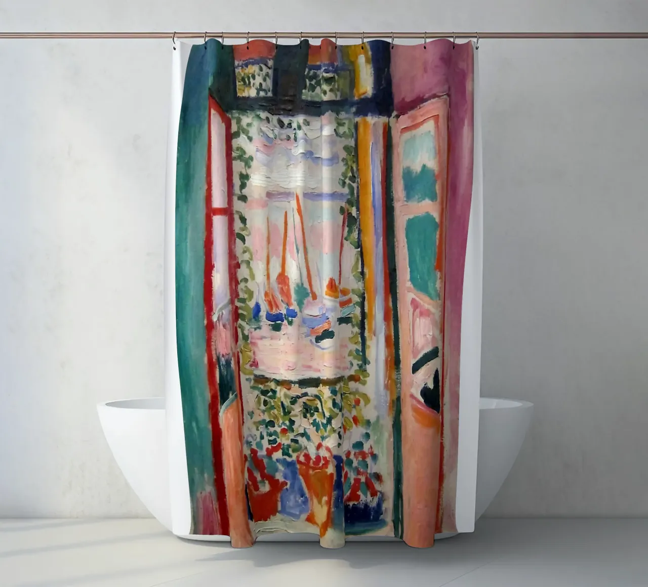 depicting the view from an open window shower curtain by sazkia art