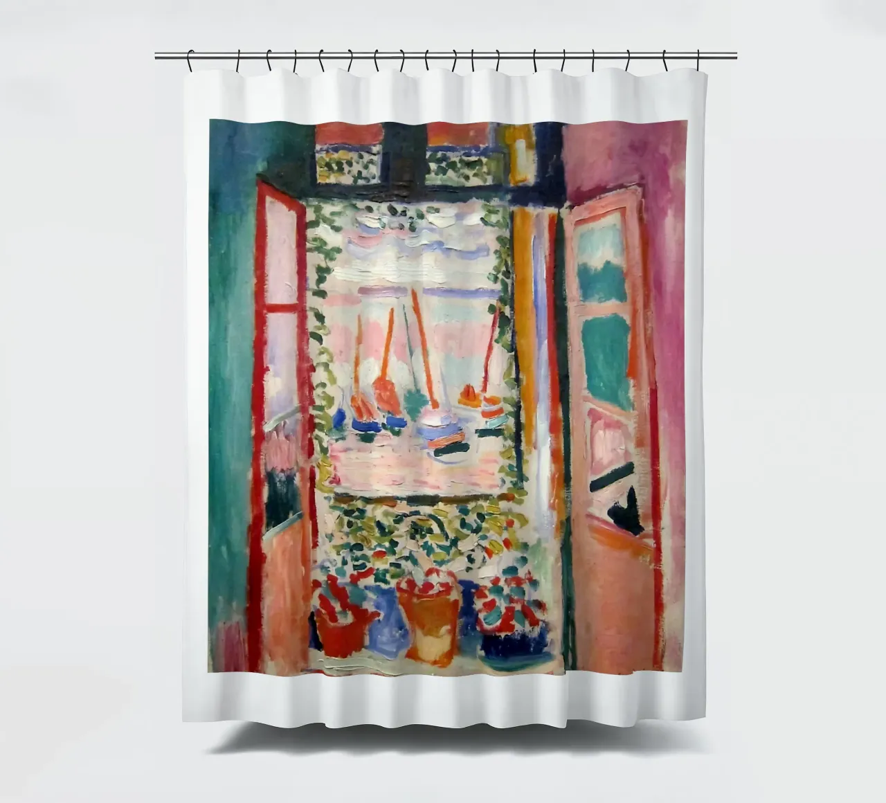 depicting the view from an open window shower curtain by sazkia art