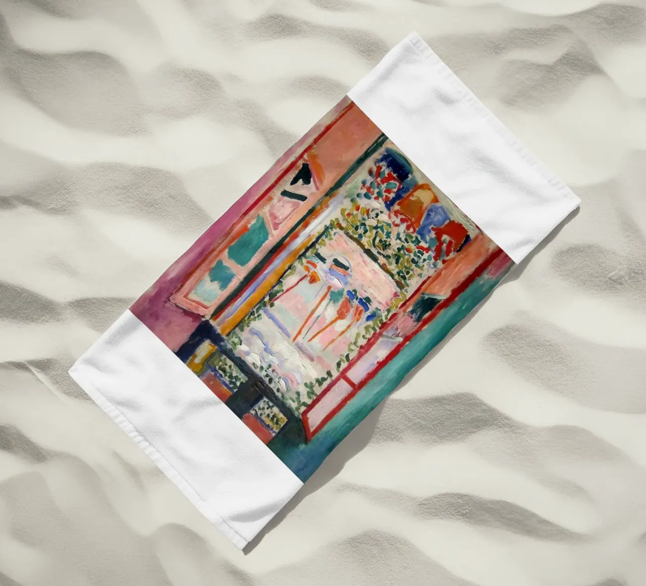 depicting the view from an open window beach towel by sazkia art