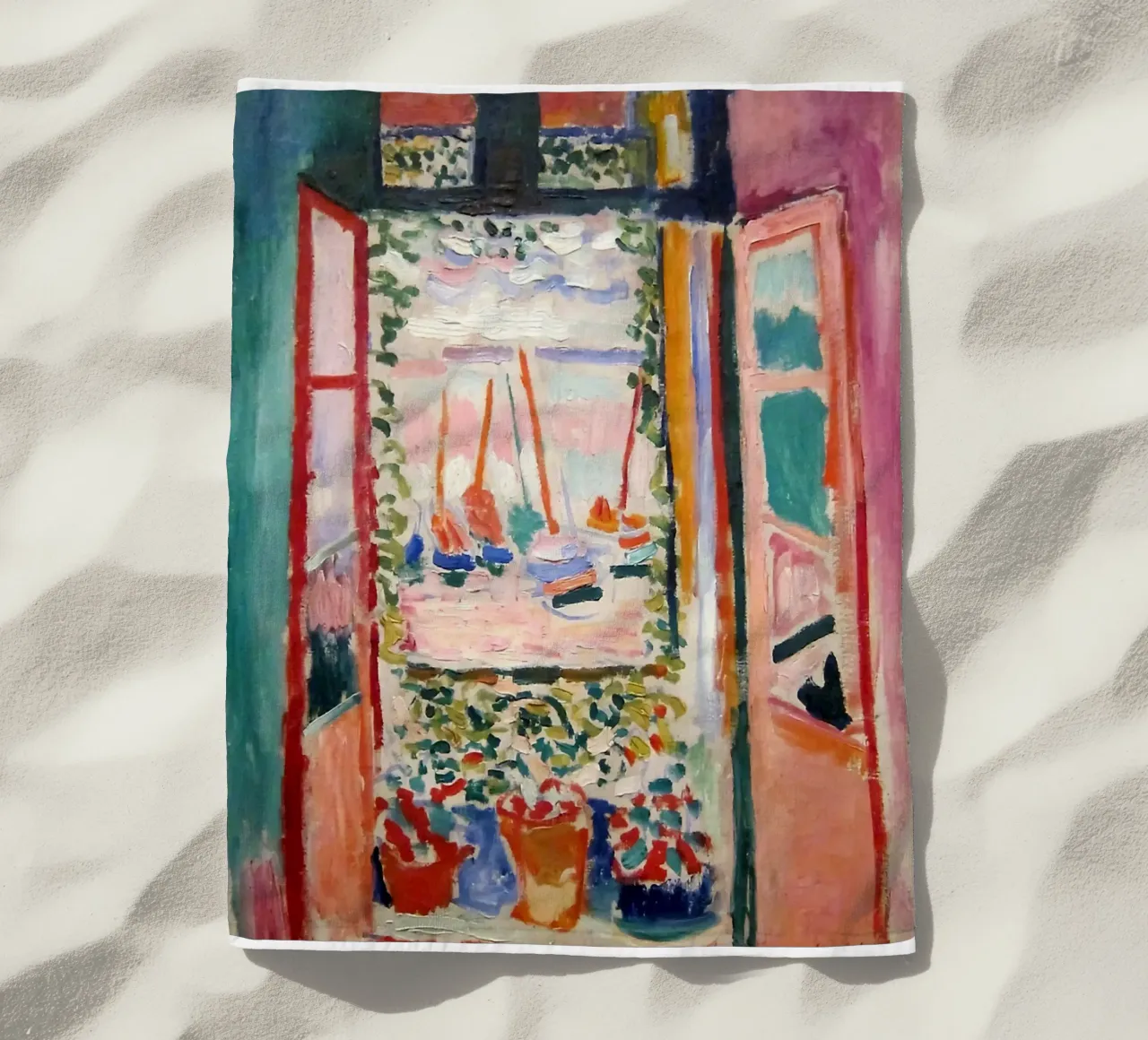 depicting the view from an open window beach towel by sazkia art