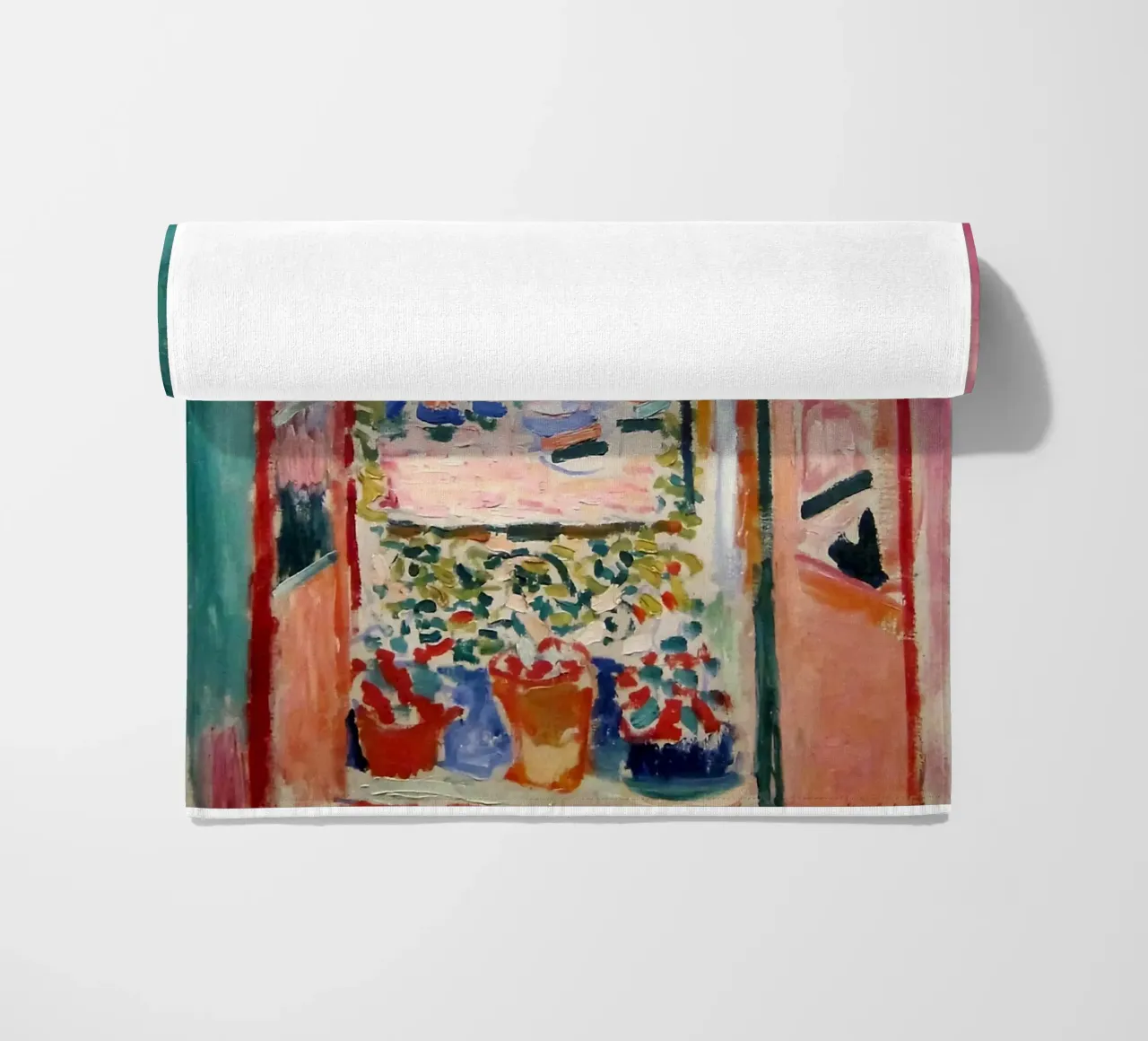 depicting the view from an open window beach towel by sazkia art
