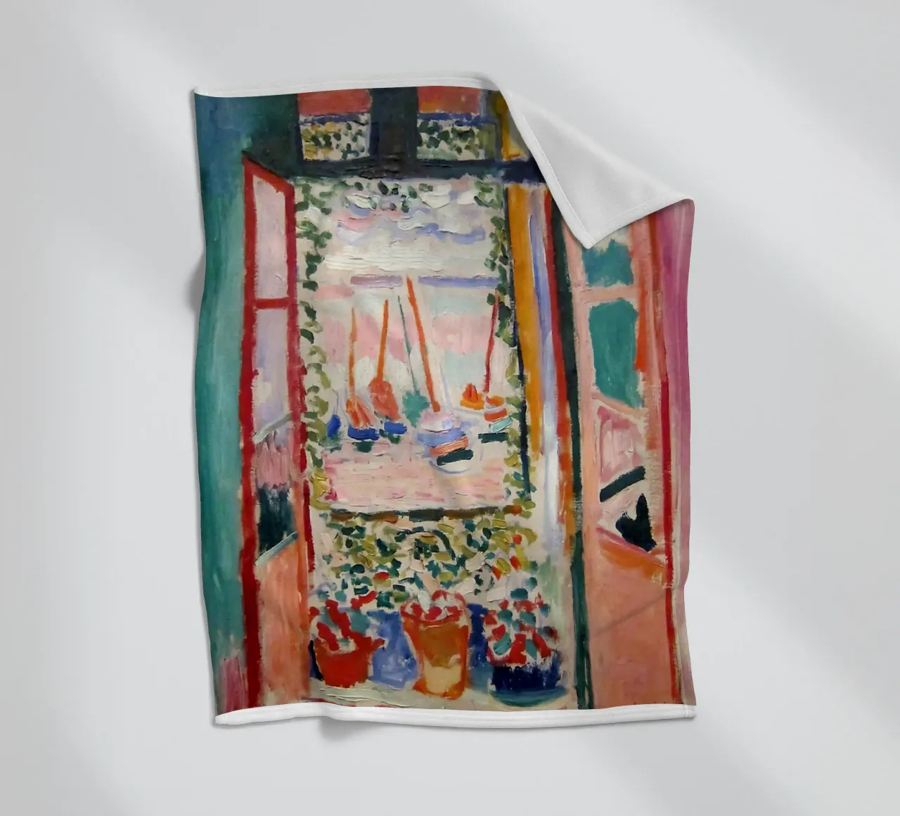depicting the view from an open window fleece blanket by sazkia art