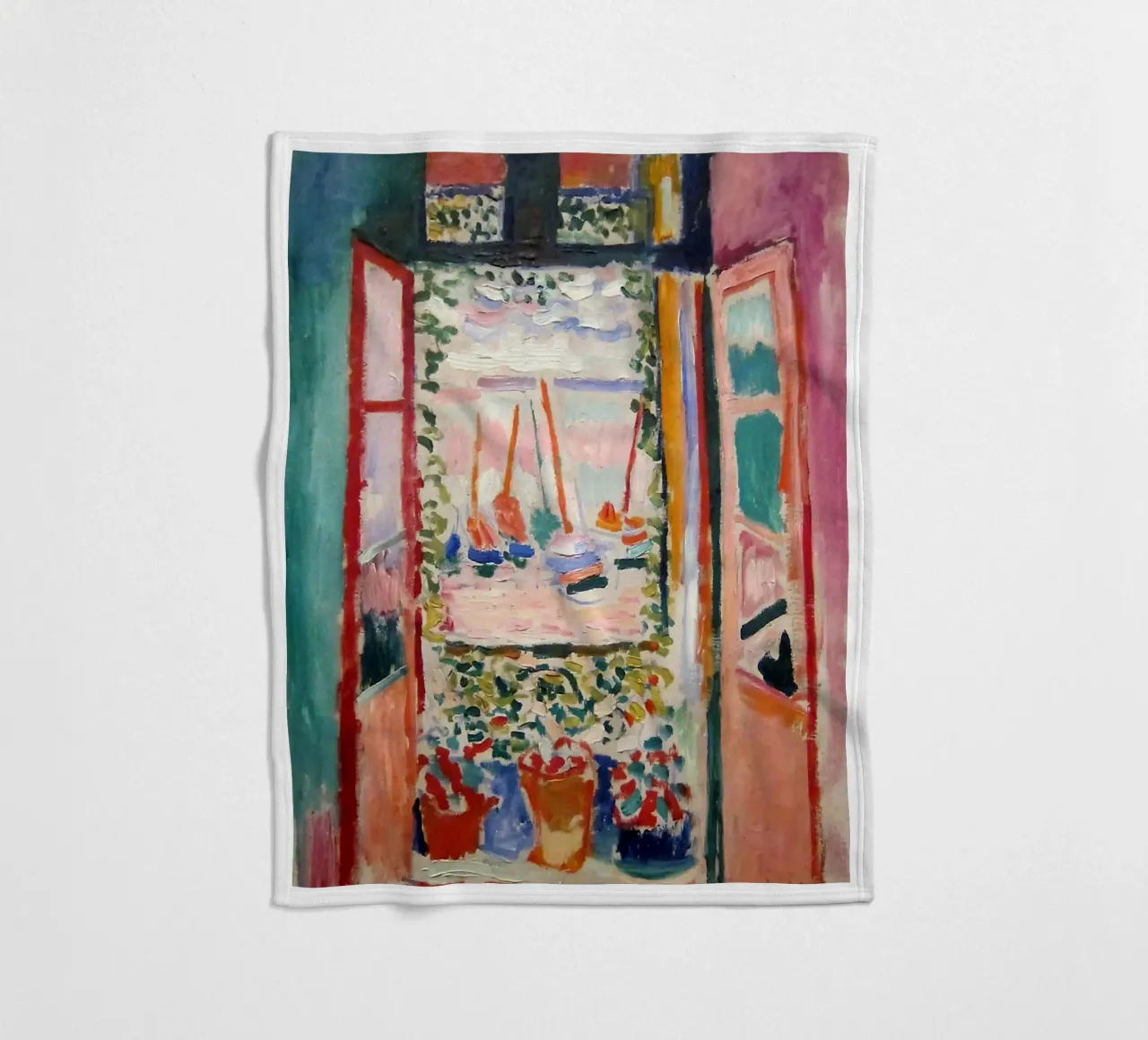 depicting the view from an open window fleece blanket by sazkia art
