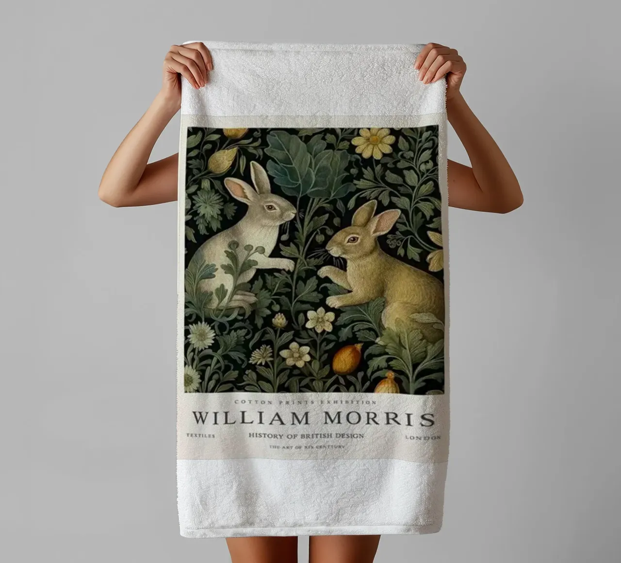 dos conejos en los arbustos william morris toalla de baño de komo store