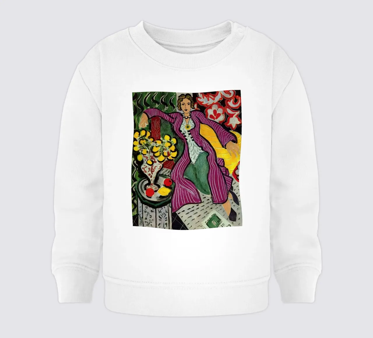 mujer sentada relajadamente con un jarrón de flores sobre la mesa sudadera de bebé de sazkia art