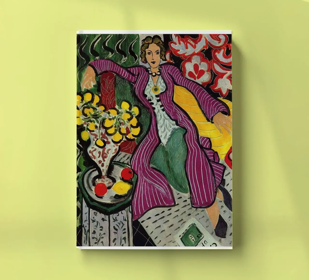 woman sitting relaxed with a vase of flowers on the table notebook by sazkia art