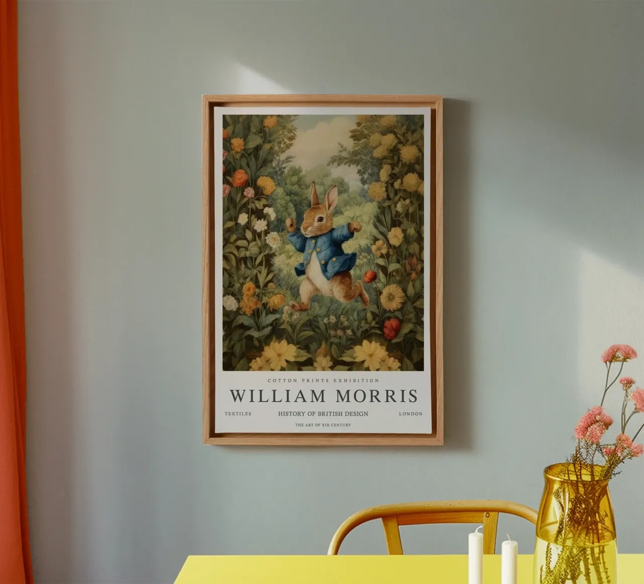 rabbit wearing a neat suit william morris canvas with Floater frame by komo store