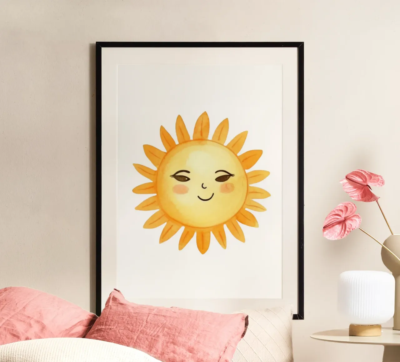 Stampa acquerellata del sole sorridente - Decorazione bohémien per la camera dei bambini poster con telaio in alluminio da ClubArt