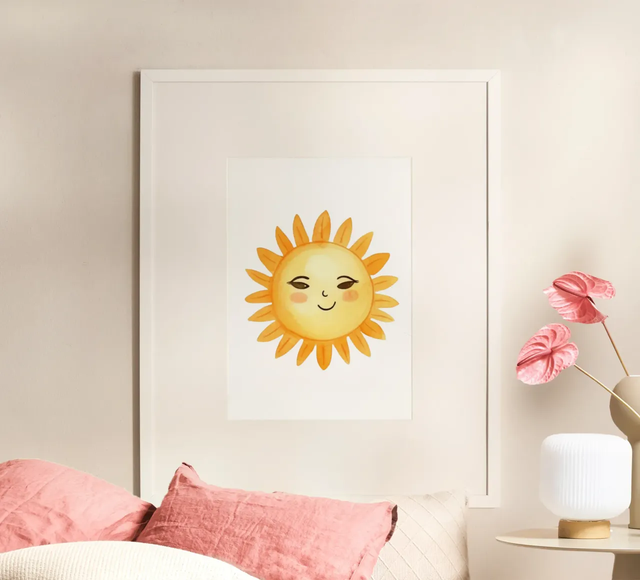 Stampa acquerellata del sole sorridente - Decorazione bohémien per la camera dei bambini poster con telaio in alluminio da ClubArt