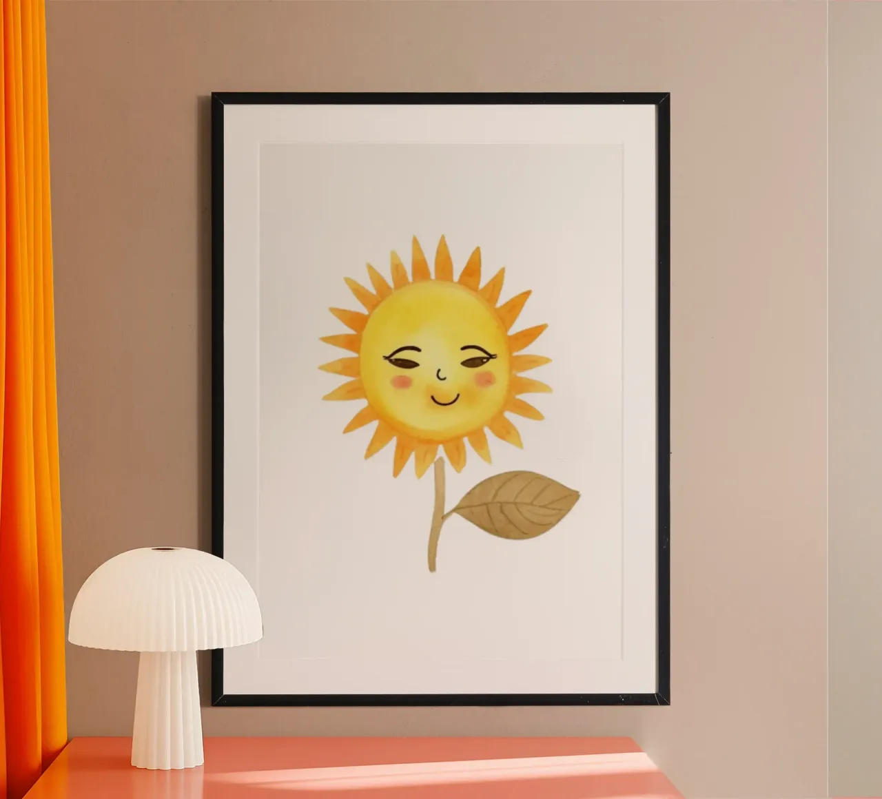 Stampa acquerellata del girasole sorridente - Decorazione bohémien per la camera dei bambini poster con telaio in plastica da ClubArt