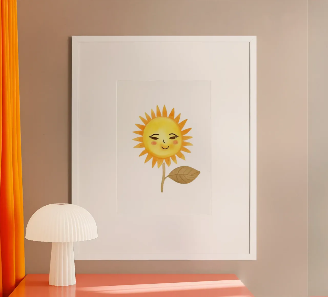 Stampa acquerellata del girasole sorridente - Decorazione bohémien per la camera dei bambini poster con telaio in plastica da ClubArt