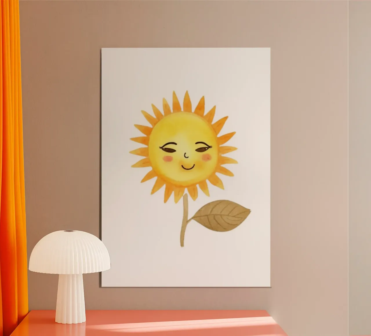 Stampa acquerellata del girasole sorridente - Decorazione bohémien per la camera dei bambini poster con telaio in plastica da ClubArt