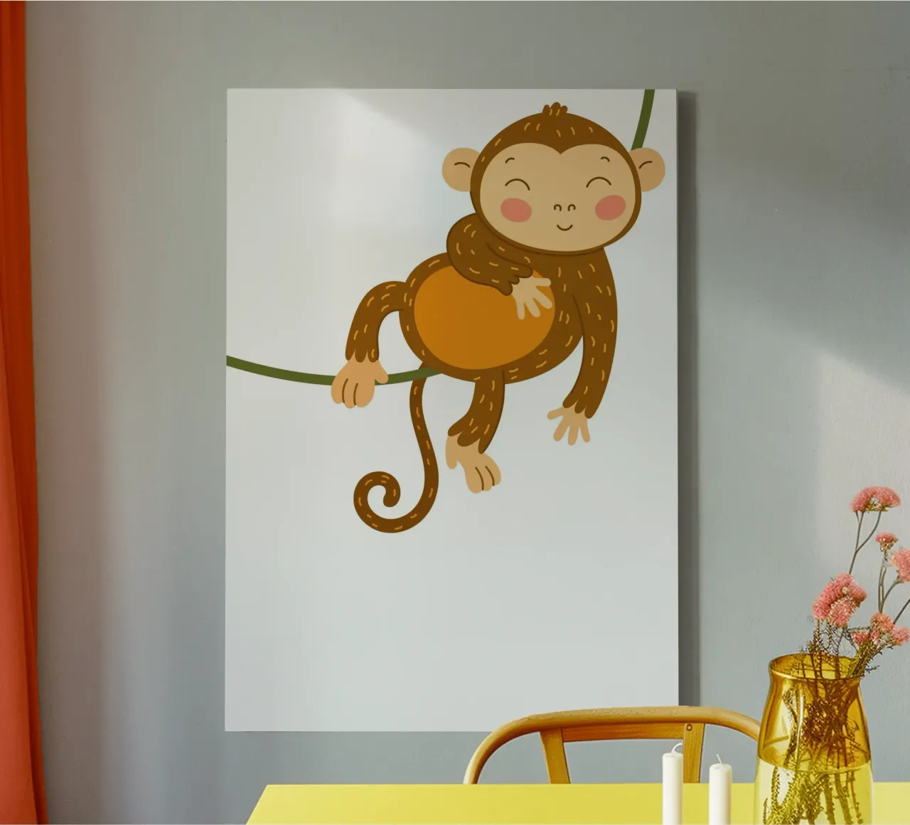 Stampa d'arte di una simpatica scimmia sulla vite - Decorazioni per la nursery nella giungla tela da ClubArt
